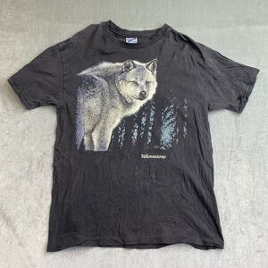 VTG Yellowstone Wolf Graphic T Shirt Black Nature Wildlife Mens Large